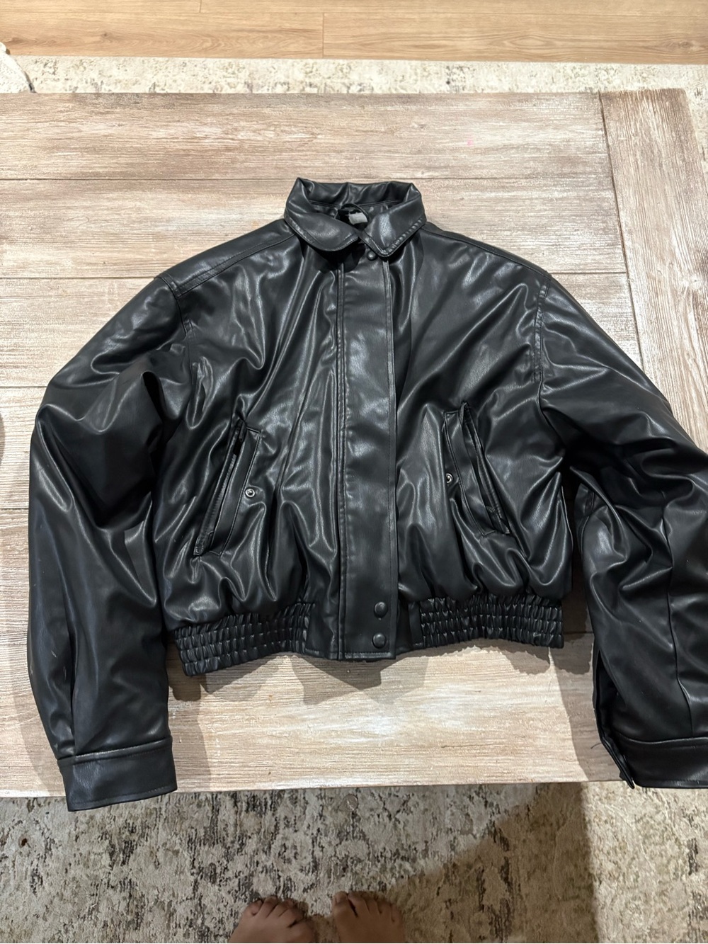 H&M Black Faux Leather Cropped Bomber Jacket